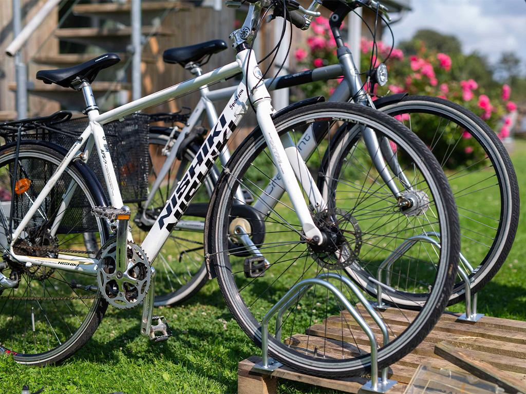 Two bicycles stands in a bike rack on grass lawn, in the background stairs to house and red flowers