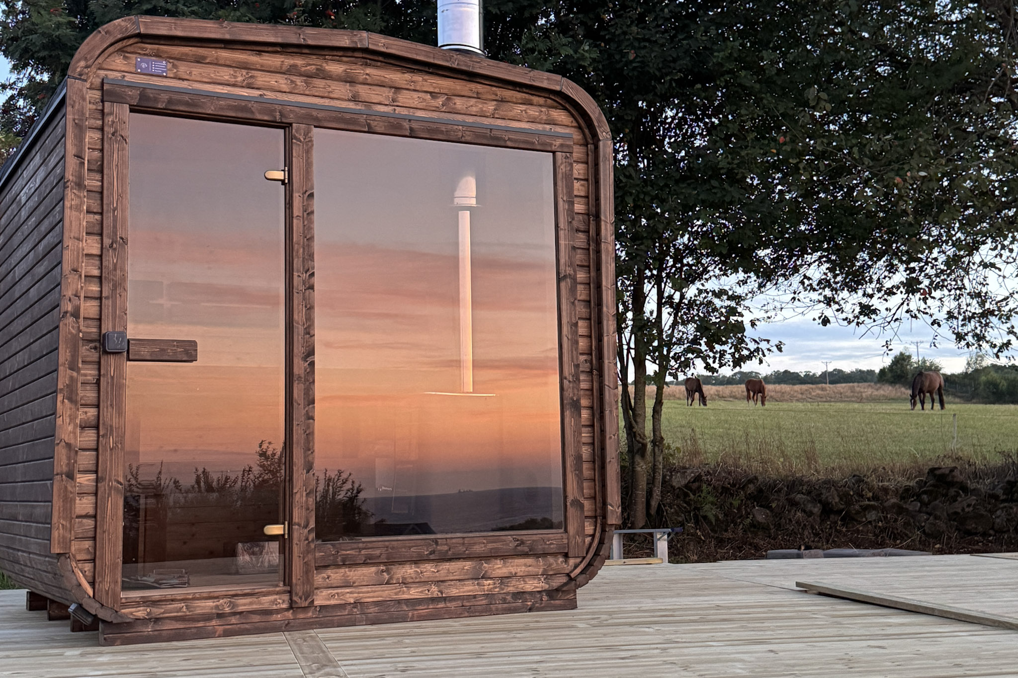 Sauna with a big window and the view of the sunset reflecting in the glass. Horses in a pasture behind the sauna.